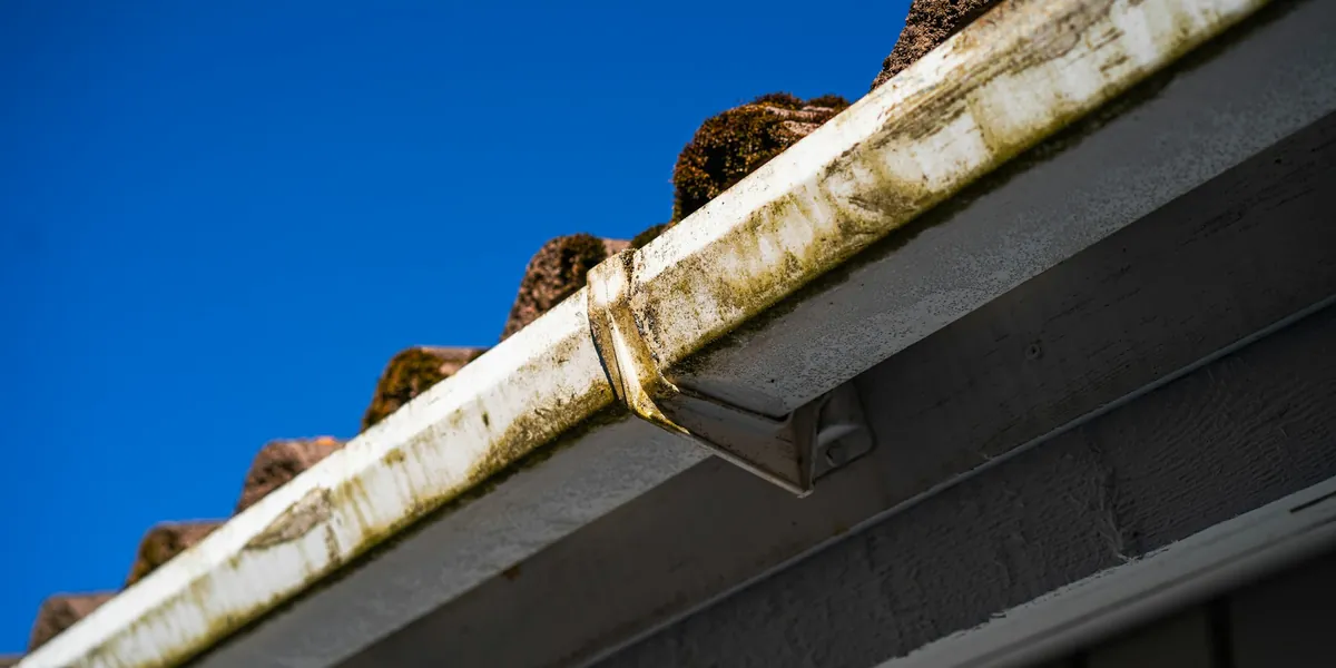White rain gutter streaked with black grime under a tile roof