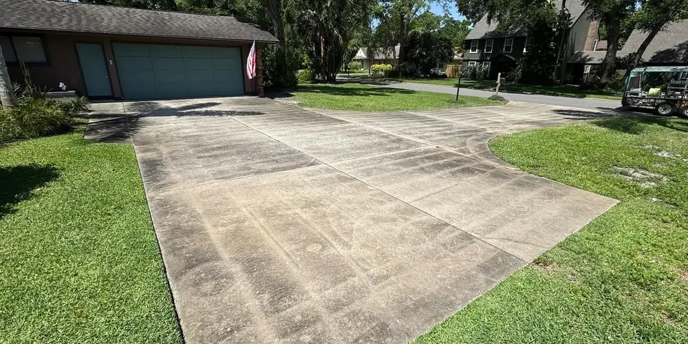 Before: long concrete driveway with dark mildew