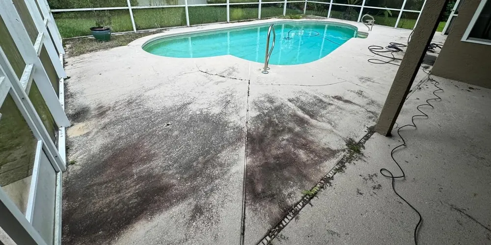Before: pool deck with dark mildew stains inside a screen enclosure