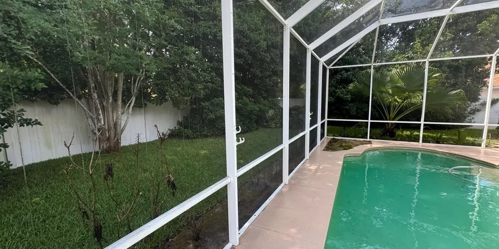After: pool screen enclosure with screens turned green by mildew, cleaned