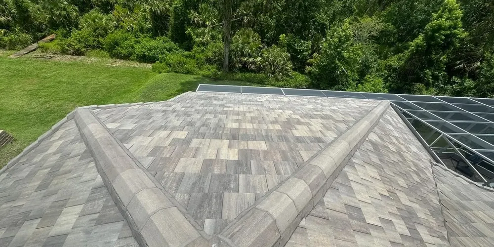 After: gray concrete tile roof with dark growth, cleaned
