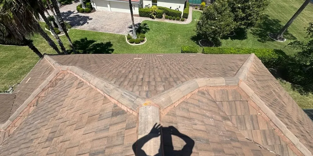 After: tile roof with dark algae streaks, cleaned