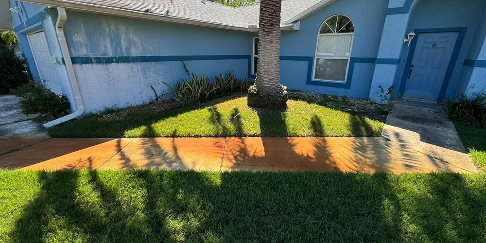 Before: walkway edge stained orange by sprinkler water