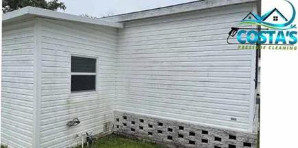 Before: white vinyl siding with green mildew
